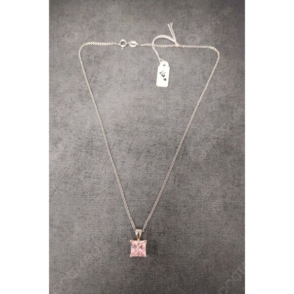 Pink Tourmaline Zircon Necklace, October Birthstone Jewelry, Square Princess Cut - Picture 8 of 9